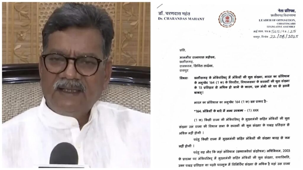Letter to the Governor : ब्रेकिंग न्यूज़…! नेता प्रतिपक्ष चरण दास महंत ने राज्यपाल को लिखा पत्र…एक मंत्री को हटाने की मांग