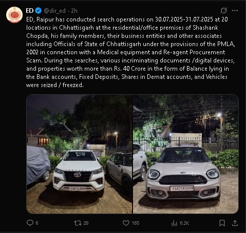 CGMSC : दवा खरीद घोटाला और ED की कार्रवाई…! 40 करोड़ की संपत्ति सीज…यहां देखें