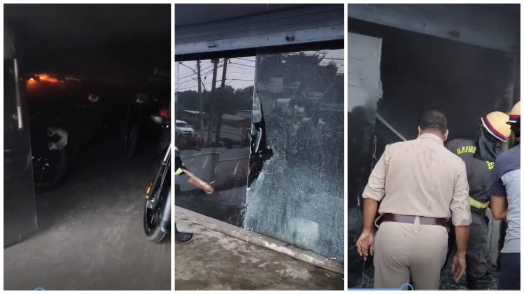 Fire in Bajaj Showroom : बजाज शोरूम में लगी भीषण आग…! 15 नई मोटरसाइकिल जलकर राख…यहां देखें Video