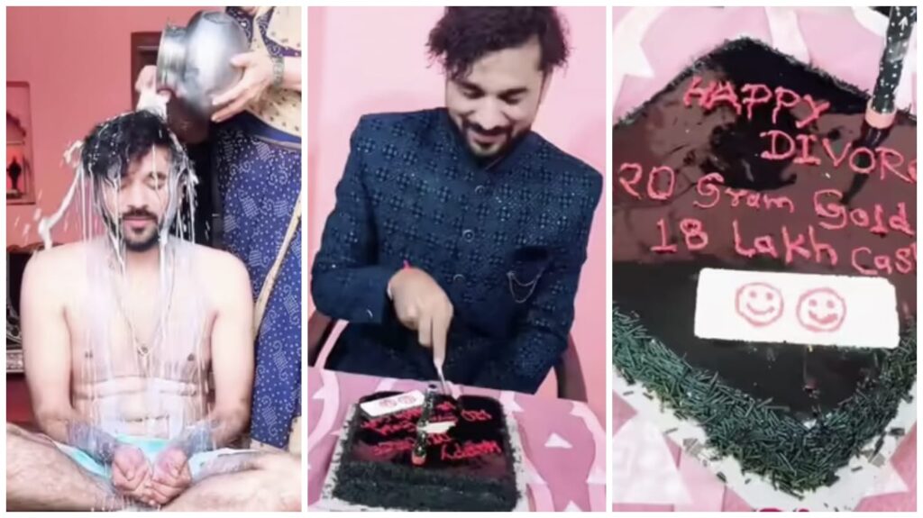 Happy Divorce: People were shocked to see the man's post-divorce celebration...! He celebrated in a unique way by bathing in milk...! The cake read, "120 grams of gold and 18 lakh rupees in cash... I'm single now... Watch the video here."
