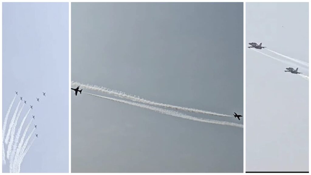 Air Show Rehearsal: Suryakiran and Akashganga's rehearsal sparked excitement! Hawk jets and paratrooper commandos displayed impressive feats... Video of the thrilling air show.