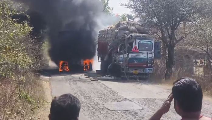 Road Accident: Horrific Road Crash in Balrampur! Fire Erupts After Collision Between Two Trucks—Driver Burned Alive.