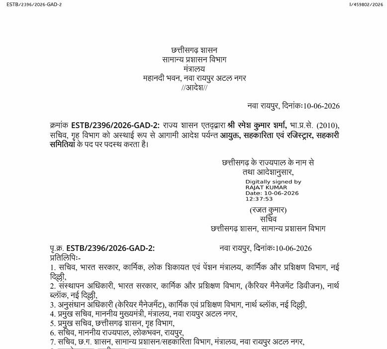 IAS Transfer : रमेश कुमार शर्मा को बनाया गया आयुक्त सहकारिता…! मंत्रालय से बड़ा आदेश जारी…IAS अधिकारी को अतिरिक्त जिम्मेदारी